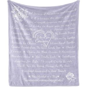 Ambesonne Cousin Gift Blanket, Custom Gift Idea for Women & Men Christmas Birthday Present Male Female, Flannel Fleece Bed & Throw Cover Filled with Appreciation Love Words, 50″ x 70″, Black(Lilac)