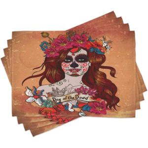Ambesonne Day of The Dead Place Mats Set of 4, Dia de Los Muertos Spanish Culture Mexican Skull Art, Washable Fabric Placemats for Dining Table, Standard Size, Cinnamon Magenta