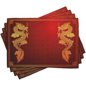 Ambesonne Dragon Place Mats Set of 4, Chinese Heritage Historical Eastern Motif Creature Design, Washable Fabric Placemats for Dining Table, Standard Size, Orange Yellow