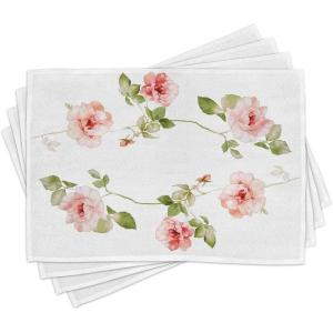 Ambesonne Floral Place Mats Set of 4, Romantic Rose Flower Petals Shabby Form Love Blooms Botanical Design, Washable Fabric Placemats for Dining Table, Standard Size, Green Peach