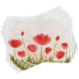 Ambesonne Floral Place Mats Set of 4, Romantic Tulip Bloom Flower Meadow Fresh Feminine Buds Watercolor Effect, Washable Fabric Placemats for Dining Table, Standard Size, Vermilion Peach