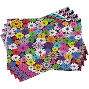 Ambesonne Flower Place Mats Set of 4, Floral Vivid Pattern with Colorful Flowers Daisies Wildflowers Cheerful Natural, Washable Fabric Placemats for Dining Table, Standard Size, Purple Black