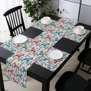 Ambesonne Horses Table Runner & Placemats, Classic Swedish Dalecarlian Coral Azure Blue Animals and Green Floral Arrangement, Set for Dining Table Decor, Placemat 4 pcs + Runner 16″x72″, Blue Burgundy(Blue Burgundy)
