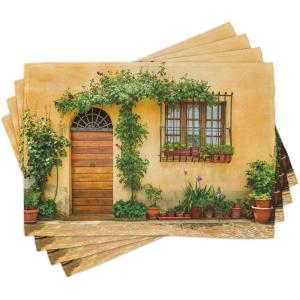 Ambesonne Italy Place Mats Set of 4, Porch Different Flowers Pots Fresh Plants City Life in Tuscany Europe, Washable Fabric Placemats for Dining Table, Standard Size, Green Brown