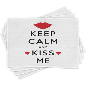 Ambesonne Keep Calm Place Mats Set of 4, Kiss Me Poster Design with Red Hearts and a Kiss Valentines Day Romance, Washable Fabric Placemats for Dining Room Kitchen Table Decor, Black Red White