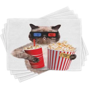Ambesonne Movie Theater Place Mats Set of 4, Cat Popcorn and Drink Watching Film Glasses Entertainment Cinema Fun, Washable Fabric Placemats for Dining Table, Standard Size, Cream Red