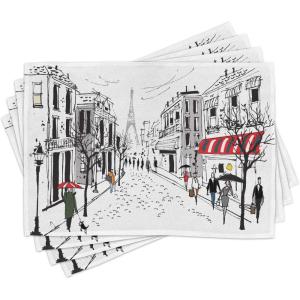 Ambesonne Paris Place Mats Set of 4, Old French Pedestrians Stores Trees and The Silhouette of Eifffel Urban Illustration, Washable Fabric Placemats for Dining Table, Standard Size, Gray White