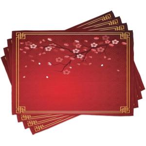 Ambesonne Red Place Mats Set of 4, Flowering Branch of a Cherry Tree in Spring with Traditional Chinese Framework, Washable Fabric Placemats for Dining Room Kitchen Table Decor, Red Marigold Coral