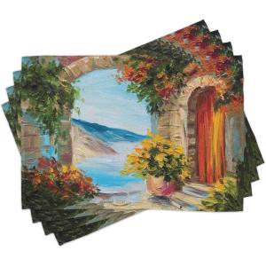 Ambesonne Romantic Place Mats Set of 4, View from Italian Old Stone House Hills Painting Style Look Vine Leaves Flower, Washable Fabric Placemats for Dining Table, Standard Size, Multicolor