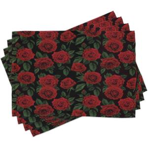 Ambesonne Rose Place Mats Set of 4, Valentine’s Day Retro Style Petals with Leaves Ornamental Growth Pattern, Washable Fabric Placemats for Dining Room Kitchen Table Decor, Ruby Hunter Green Black
