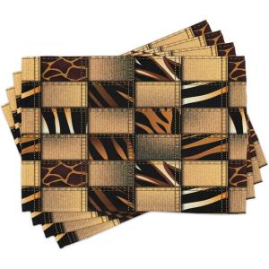 Ambesonne Safari Place Mats Set of 4, Jeans Denim Patchwork in Safari Style Wilderness Design Art Print, Washable Fabric Placemats for Dining Table, Standard Size, Brown Black