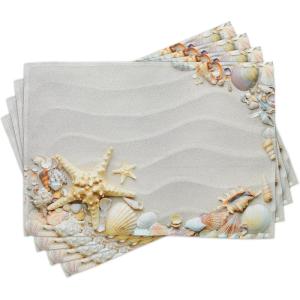 Ambesonne Starfish Place Mats Set of 8, Seacoast with Sand with Colorful Various Seashells Tropics Aquatic Wildlife Theme, Washable Fabric Placemats for Dining Table, Placemat 8 pcs, White Coral