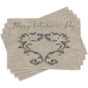 Ambesonne Taupe Place Mats Set of 4, Happy Valentine’s Day Hand Writing Laurel Leaves Forming a Heart Victorian, Washable Fabric Placemats for Dining Table, Standard Size, Taupe Tan