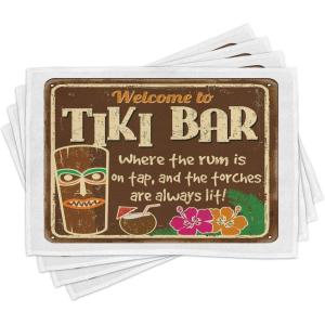 Ambesonne Tiki Bar Place Mats Set of 4, Aged Old Frame Sign of Inspirational Words Leisure Travel Print, Washable Fabric Placemats for Dining Table, Standard Size, Brown Cream