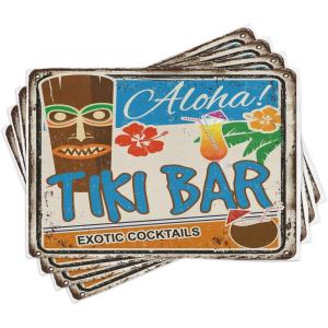 Ambesonne Tiki Bar Place Mats Set of 4, Rusty Vintage Sign Aloha Exotic Cocktails and Coconut Drink Antique Nostalgic, Washable Fabric Placemats for Dining Table, Standard Size, Blue and Brown