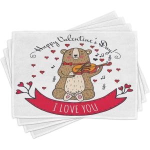 Ambesonne Valentines Day Place Mats Set of 4, Teddy Bear Violin Made Romantic Music Notes Heart I Love You, Washable Fabric Placemats for Dining Table, Standard Size, Red Brown
