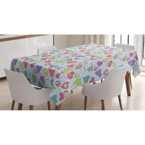 Ambesonne Valentines Tablecloth, Various Kinds of Hand Drawn Style Colorful Hearts with Wings Arrows and Flowers, Dining Room Kitchen Rectangular Table Cover, 52″ X 70″, Multicolor