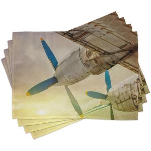 Ambesonne Vintage Airplane Place Mats Set of 4, Old Wing Aircraft with Propellers at Sunset Snowy Winter Sky Image, Washable Fabric Placemats for Dining Table, Standard Size, Yellow Brown