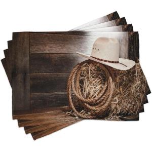 Ambesonne Western Place Mats Set of 4, American West Rodeo Hat Traditional Ranching Robe on Wooden Ground Folk Art Photo, Washable Fabric Placemats for Dining Table, Standard Size, Brown