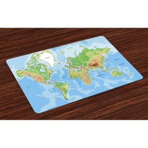 Ambesonne World Map Place Mats Set of 4, Classic Map of The Earth Continents Countries Oceans Mountains Vacation Themed, Washable Fabric Placemats for Dining Table, Standard Size, Multicolor