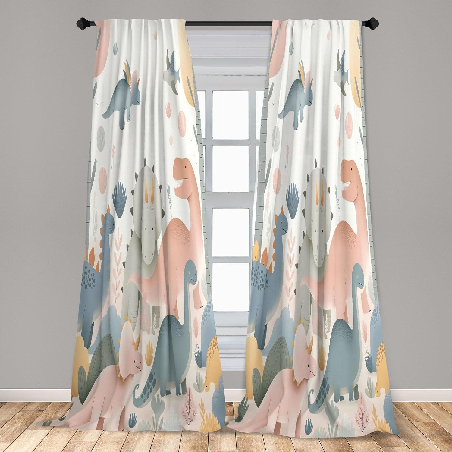 imageAmbesonne Dinosaur Curtains Delicate Cartoon Animals of Jurassic Scenario Funny Jungle Pastel Tones Window Treatments 2 Panel Set for Living Room Bedroom Pair of 28 x 95 Blush Blue Grey WhiteBlush Blue Grey White