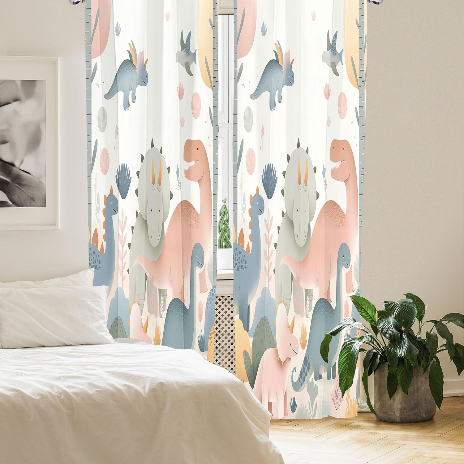 imageAmbesonne Dinosaur Curtains Delicate Cartoon Animals of Jurassic Scenario Funny Jungle Pastel Tones Window Treatments 2 Panel Set for Living Room Bedroom Pair of 28 x 95 Blush Blue Grey WhiteBlush Blue Grey White