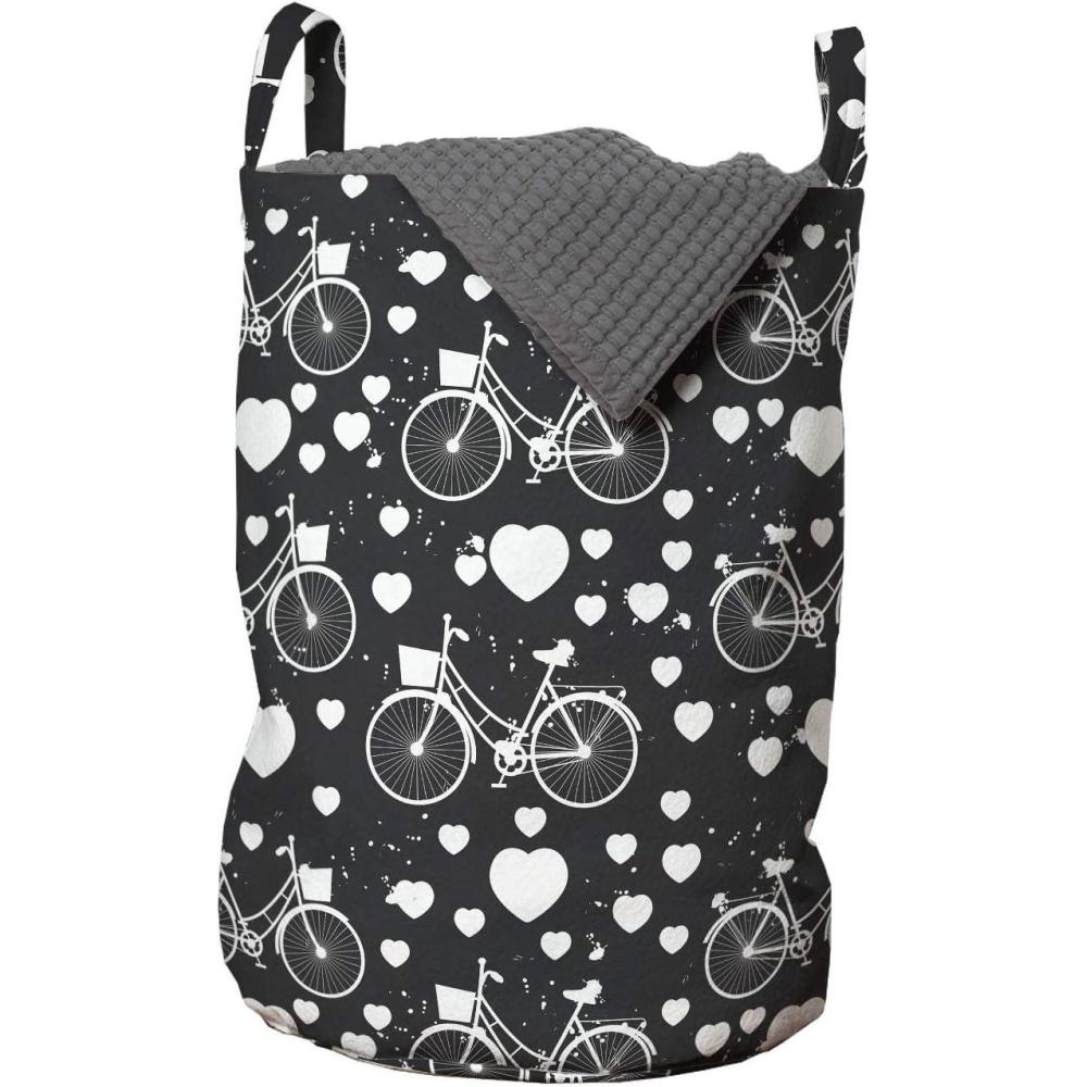imageAmbesonne Hearts Laundry Bag Bicycles and Heart and Romantic Scene Valentines Day Theme Hamper Basket with Handles Drawstring Closure for Laundromats 13 x 19 Dark Grey and White
