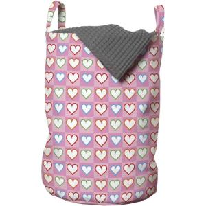 Ambesonne Valentine’s Day Laundry Bag, Repetitive Pattern Colorful Framed Heart Shapes in Pink Toned Squares, Hamper Basket with Handles Drawstring Closure for Laundromats, 13″ x 19″, Multicolor