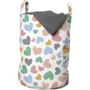 Ambesonne Valentine’s Day Laundry Bag, Romantic Theme Colorful Dotted Heart Motifs Image on Plain Background, Hamper Basket with Handles Drawstring Closure for Laundromats, 13″ x 19″, White Multicolor