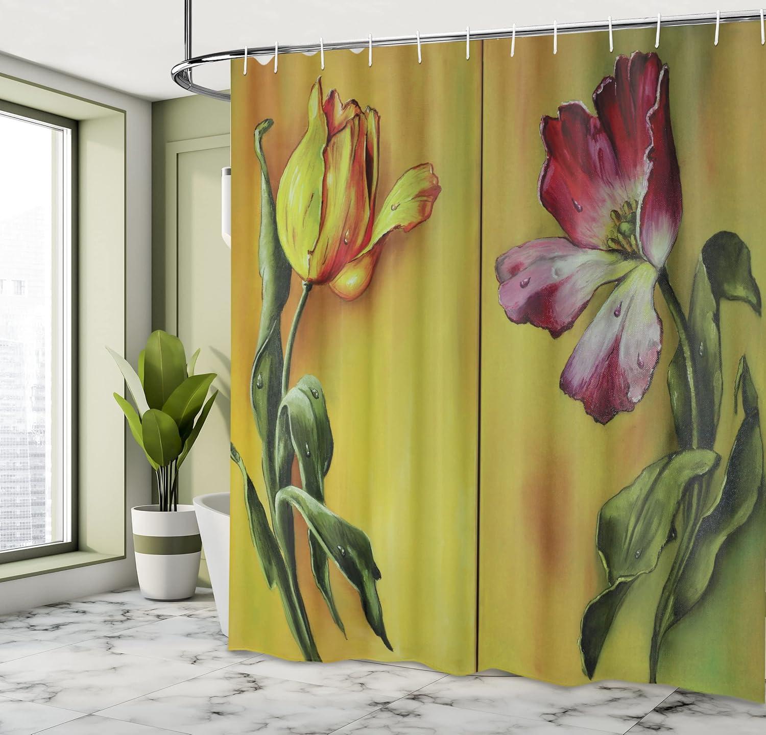 imageAmbesonne Country Shower Curtain Painting of Curving Tulips Romantic Dramatic Blooming Flower Retro Art Print Cloth Fabric Bathroom Decor Set with Hooks 69 W x 70 L Pink Yellow Green