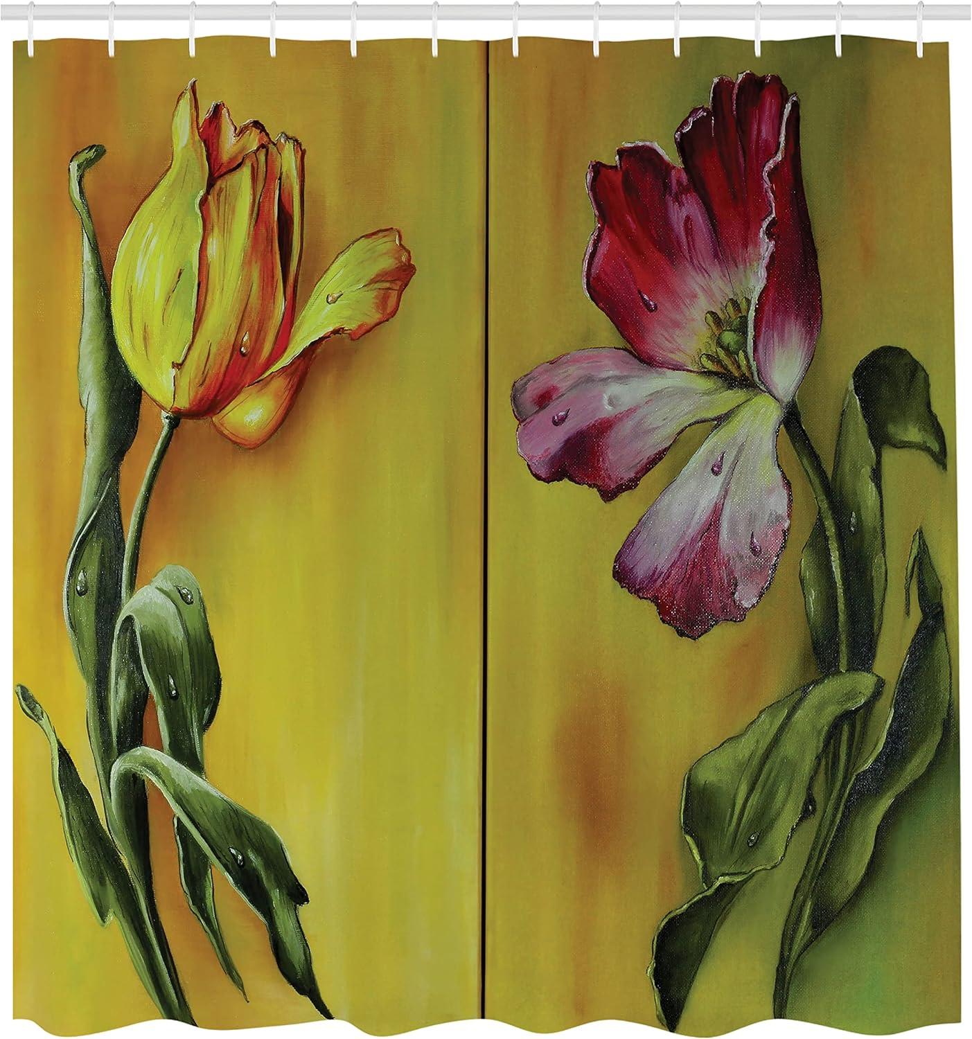 imageAmbesonne Country Shower Curtain Painting of Curving Tulips Romantic Dramatic Blooming Flower Retro Art Print Cloth Fabric Bathroom Decor Set with Hooks 69 W x 70 L Pink Yellow Green