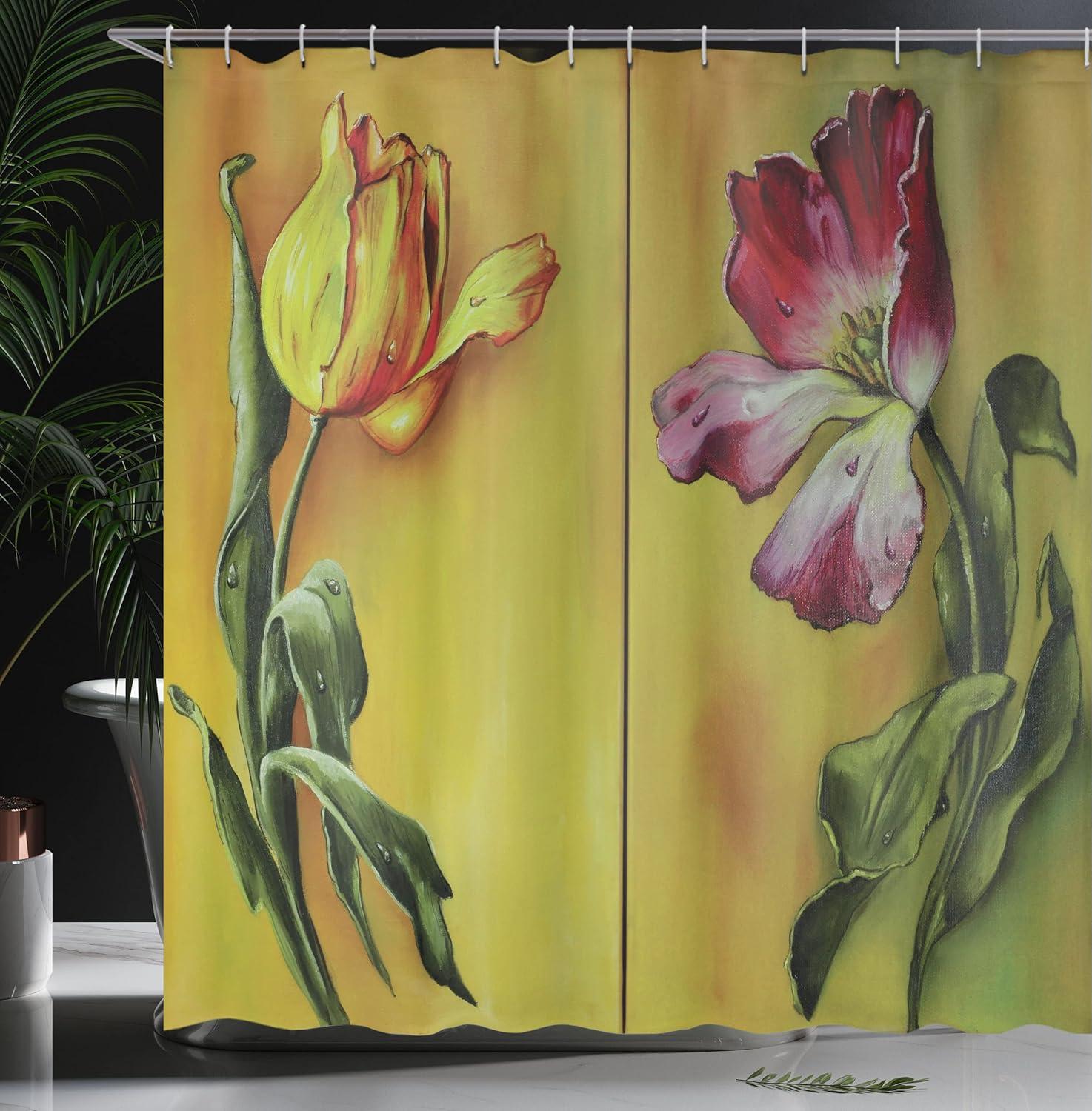 imageAmbesonne Country Shower Curtain Painting of Curving Tulips Romantic Dramatic Blooming Flower Retro Art Print Cloth Fabric Bathroom Decor Set with Hooks 69 W x 70 L Pink Yellow Green