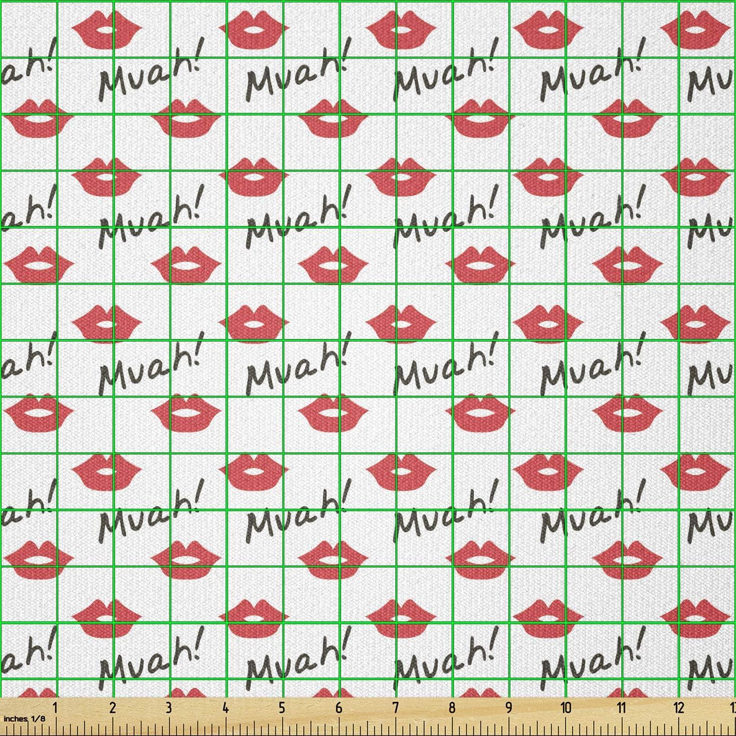 imageAmbesonne Kiss Fabric by The Yard Red Woman Lips Kiss Marks Pattern Romance Feminine Graphic Valentines Day Stretch Knit Fabric for Clothing Sewing and Arts Crafts 2 Yards Vermilion White