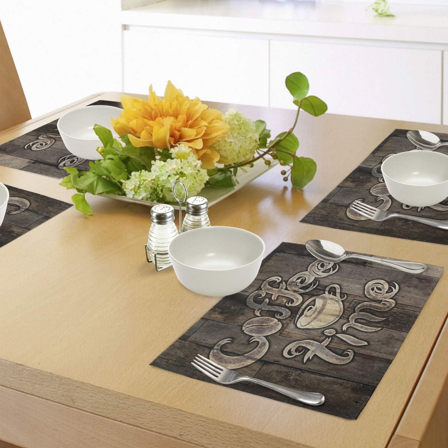 imageAmbesonne Modern Place Mats Set of 4 Coffee Time Phrase with a Cup on a Wooden Grunge Background Kitchen Image Washable Fabric Placemats for Dining Table Standard Size Umber Cocoa