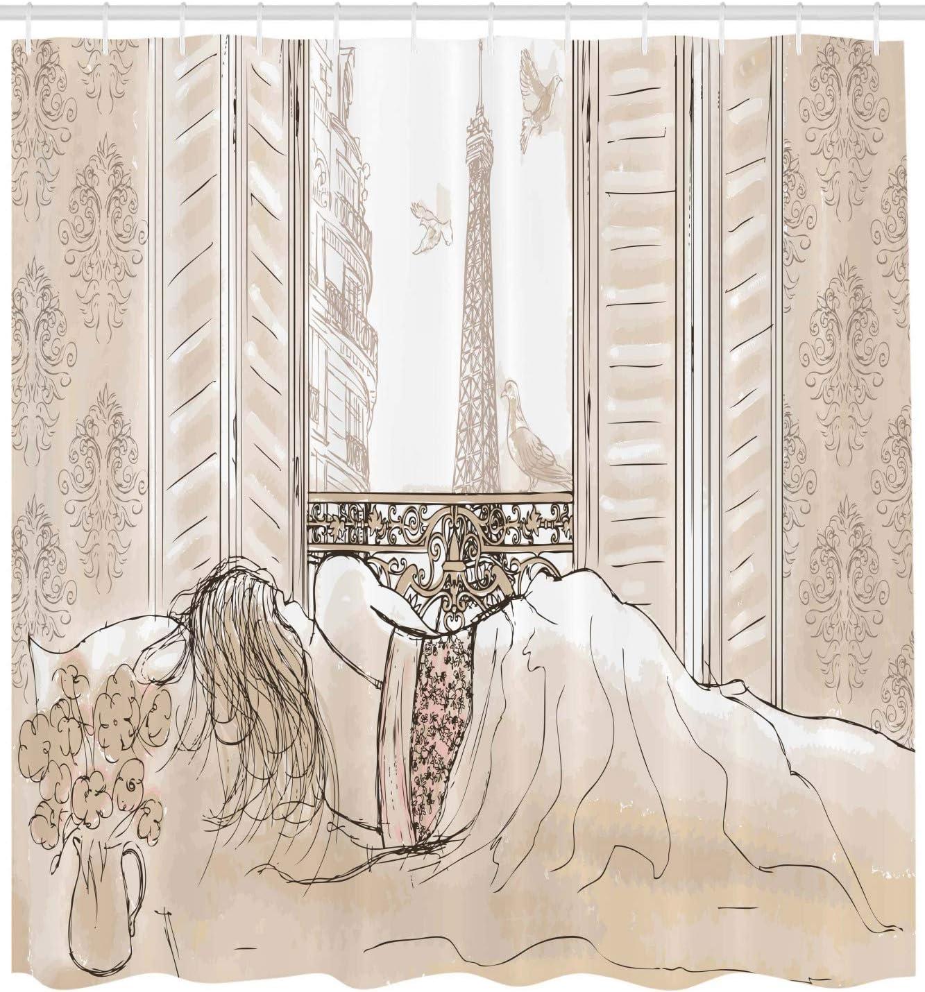 imageAmbesonne Paris Shower Curtain Parisian Woman Sleeping with The View of Eiffiel Tower from Window Romance Skecthy Modern Cloth Fabric Bathroom Decor Set with Hooks 69 W x 70 L Cream
