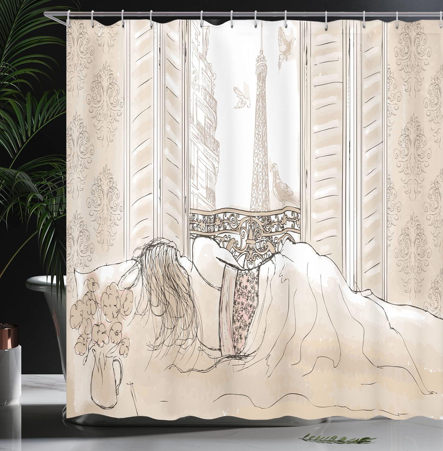 imageAmbesonne Paris Shower Curtain Parisian Woman Sleeping with The View of Eiffiel Tower from Window Romance Skecthy Modern Cloth Fabric Bathroom Decor Set with Hooks 69 W x 70 L Cream