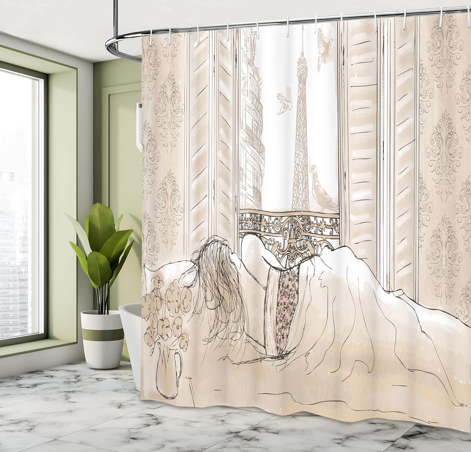 imageAmbesonne Paris Shower Curtain Parisian Woman Sleeping with The View of Eiffiel Tower from Window Romance Skecthy Modern Cloth Fabric Bathroom Decor Set with Hooks 69 W x 70 L Cream
