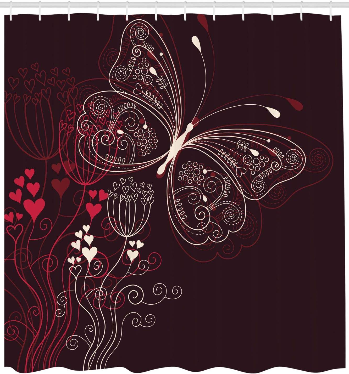 imageAmbesonne Romantic Shower Curtain Abstract Floral Heart Pattern Butterfly Motif Illustration Cloth Fabric Bathroom Decor Set with Hooks 69 W x 75 L Maroon Red Beige