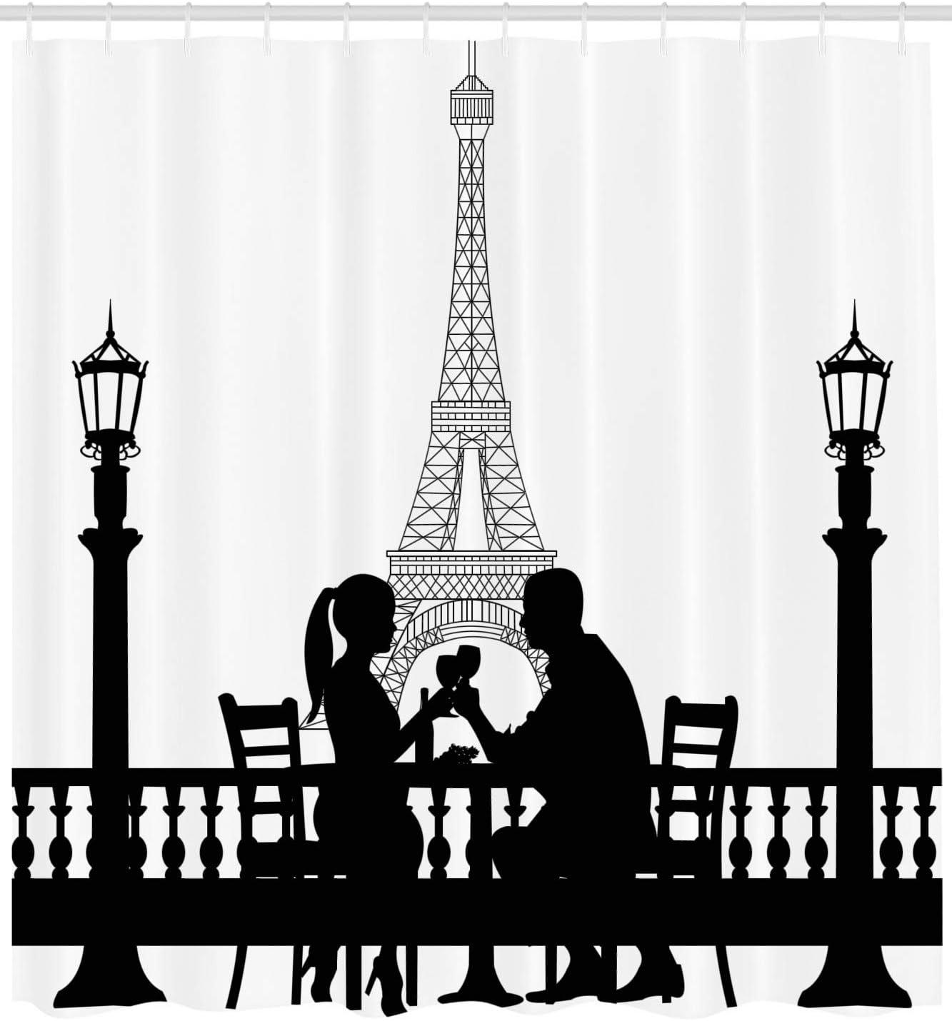 imageAmbesonne Romantic Shower Curtain Couple in a Romantic Valentines Dinner in Front of Eiffel Tower Capital of Love Cloth Fabric Bathroom Decor Set with Hooks 69 W x 70 L Black White