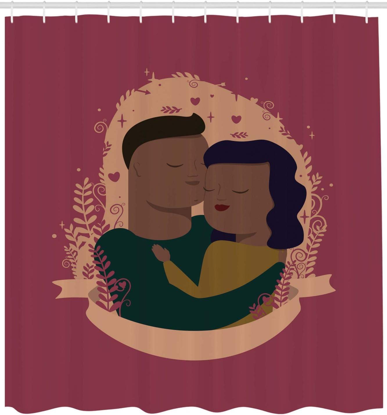 imageAmbesonne Romantic Shower Curtain Holding Couple Happy Relationship Romance Cartoon Portrait Valentines Day Cloth Fabric Bathroom Decor Set with Hooks 69 W x 75 L Maroon and Redwood
