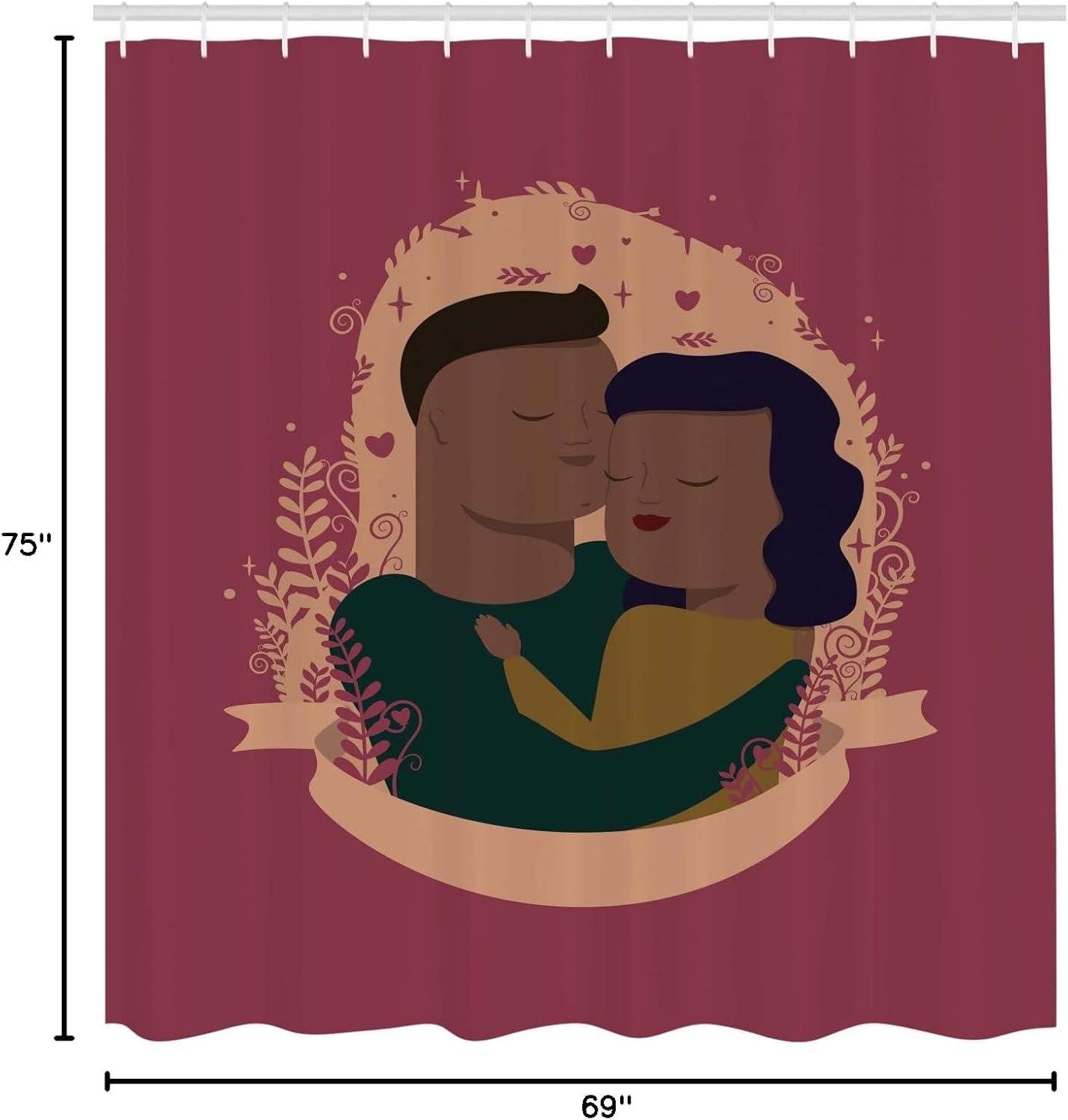 imageAmbesonne Romantic Shower Curtain Holding Couple Happy Relationship Romance Cartoon Portrait Valentines Day Cloth Fabric Bathroom Decor Set with Hooks 69 W x 75 L Maroon and Redwood