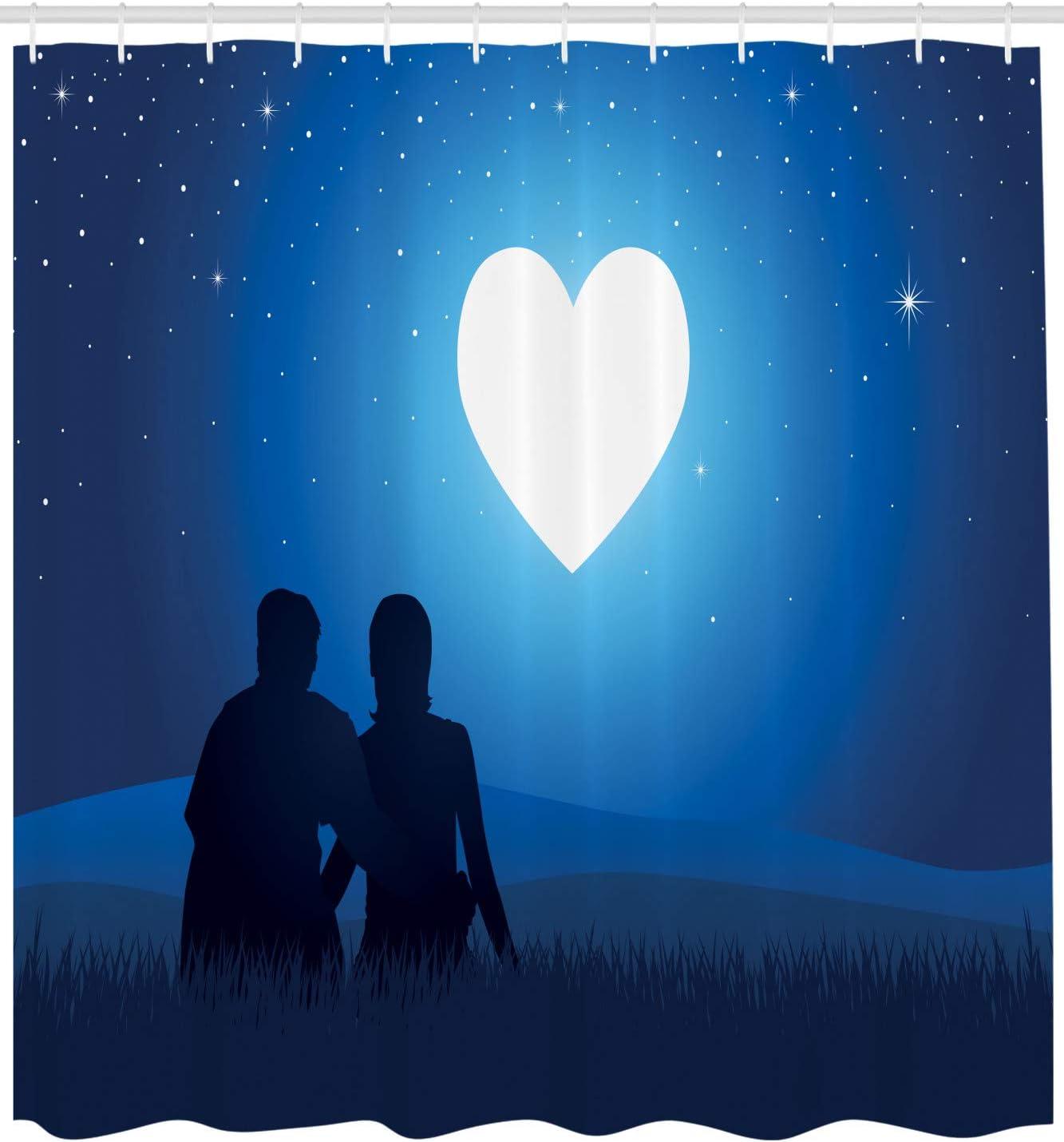 imageAmbesonne Romantic Shower Curtain Silhouette of a Couple Sitting in Front of Heart Shaped Moon Night Out Cloth Fabric Bathroom Decor Set with Hooks 69 W x 75 L Night Blue Black White