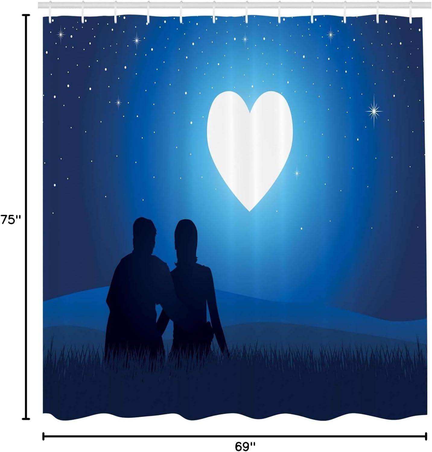 imageAmbesonne Romantic Shower Curtain Silhouette of a Couple Sitting in Front of Heart Shaped Moon Night Out Cloth Fabric Bathroom Decor Set with Hooks 69 W x 75 L Night Blue Black White