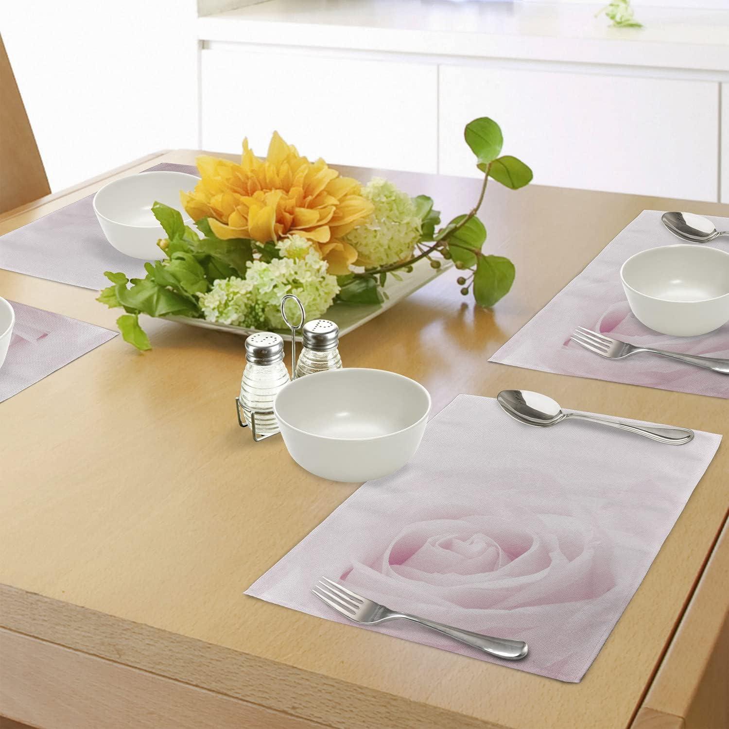 imageAmbesonne Rose Place Mats Set of 4 Pink Rose Close up with Soft Blur Focus Fresh Fragile Fragrance Smell Valentines Day Washable Fabric Placemats for Dining Table Standard Size Pale Pink