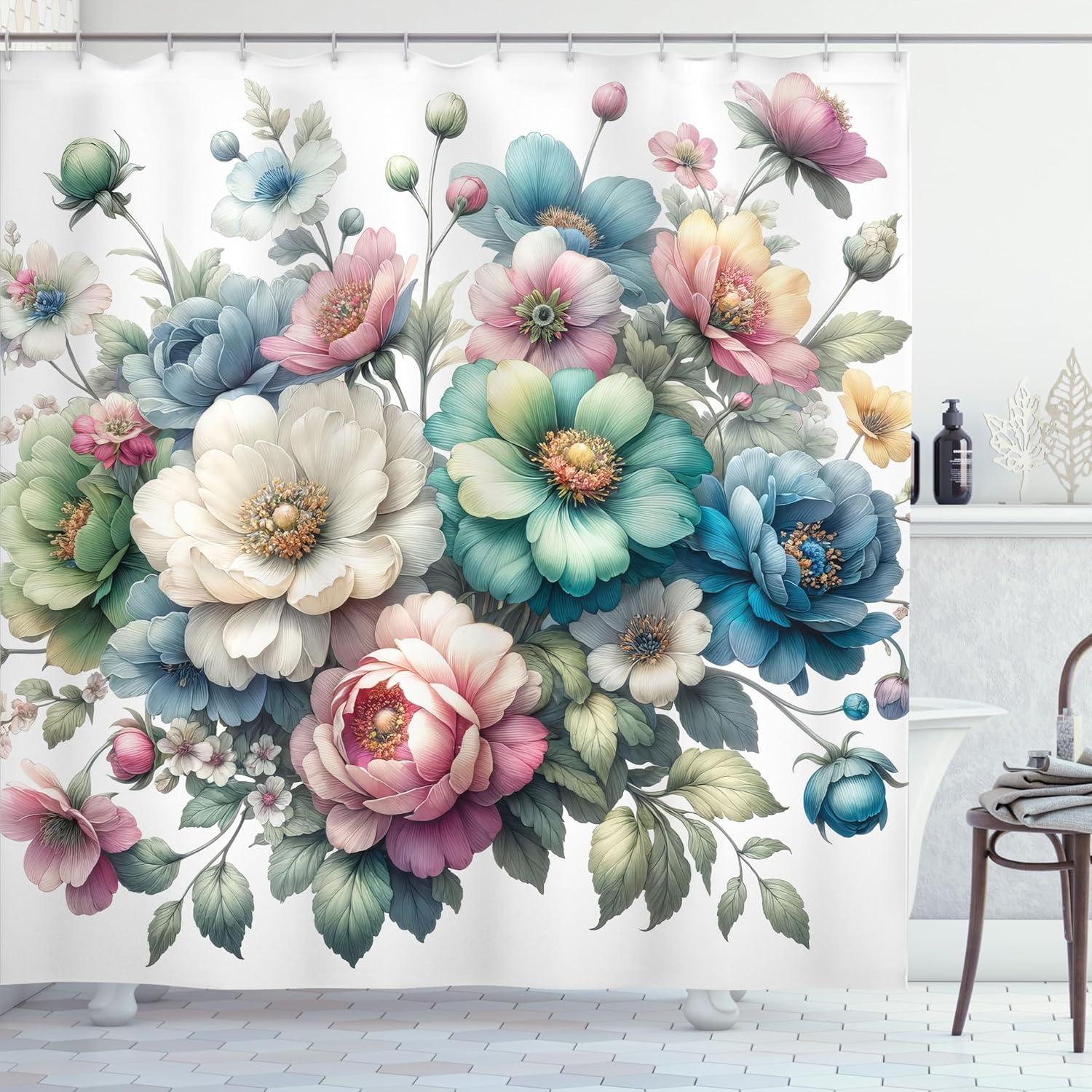 imageAmbesonne Spring Shower Curtain Delicate and Romantic Arrange of Creeper Mesh Flowers Cascade Neutral Theme Cloth Fabric Bathroom Decor Set with Hooks 69 W x 70 L Blush Yellow PinkCoconut Teal Multicolor