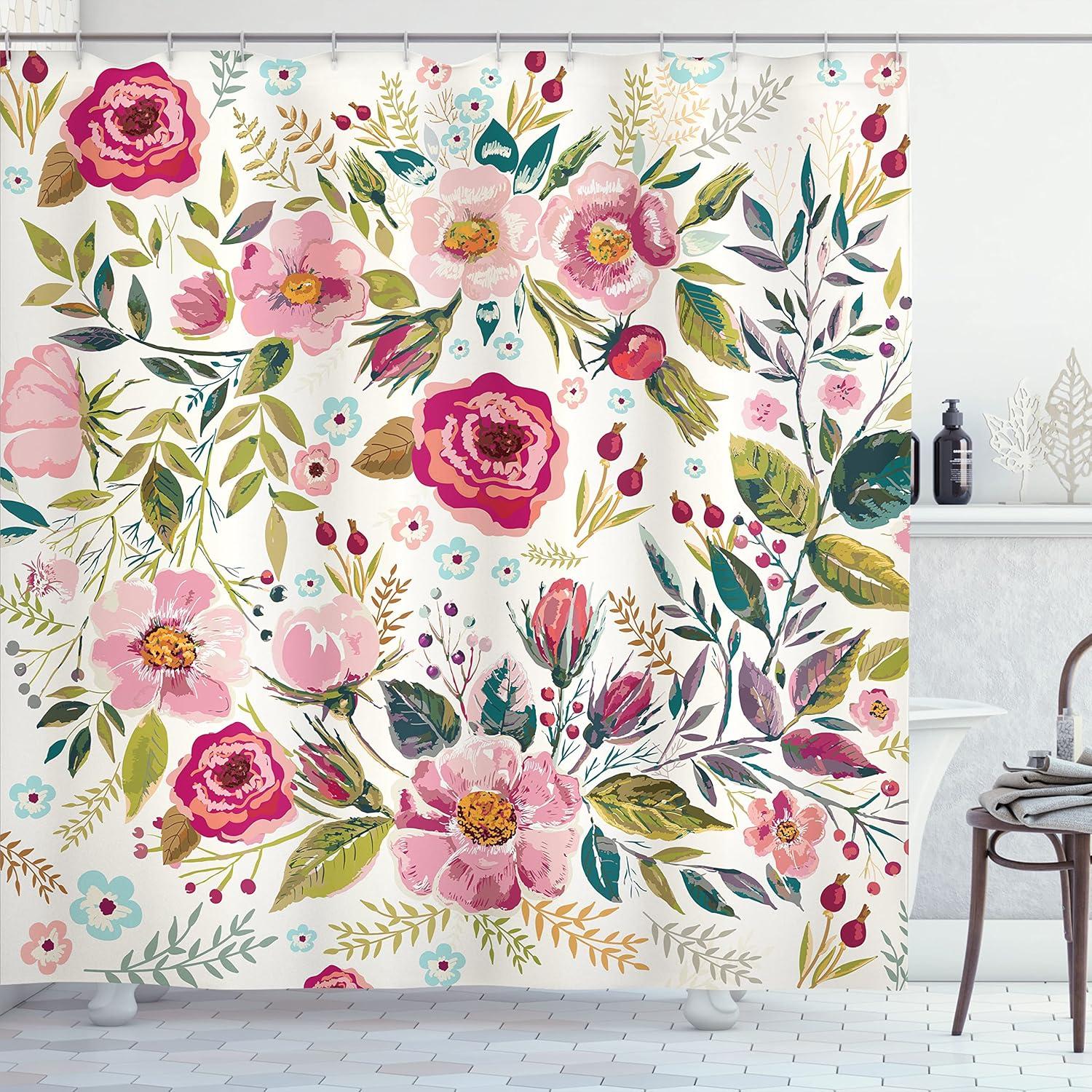 imageAmbesonne Spring Shower Curtain Delicate and Romantic Arrange of Creeper Mesh Flowers Cascade Neutral Theme Cloth Fabric Bathroom Decor Set with Hooks 69 W x 70 L Blush Yellow PinkMagenta