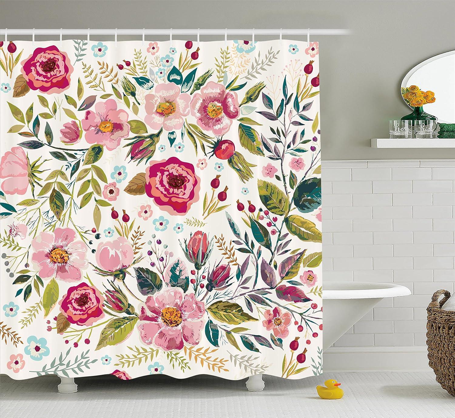 imageAmbesonne Spring Shower Curtain Delicate and Romantic Arrange of Creeper Mesh Flowers Cascade Neutral Theme Cloth Fabric Bathroom Decor Set with Hooks 69 W x 70 L Blush Yellow PinkMagenta