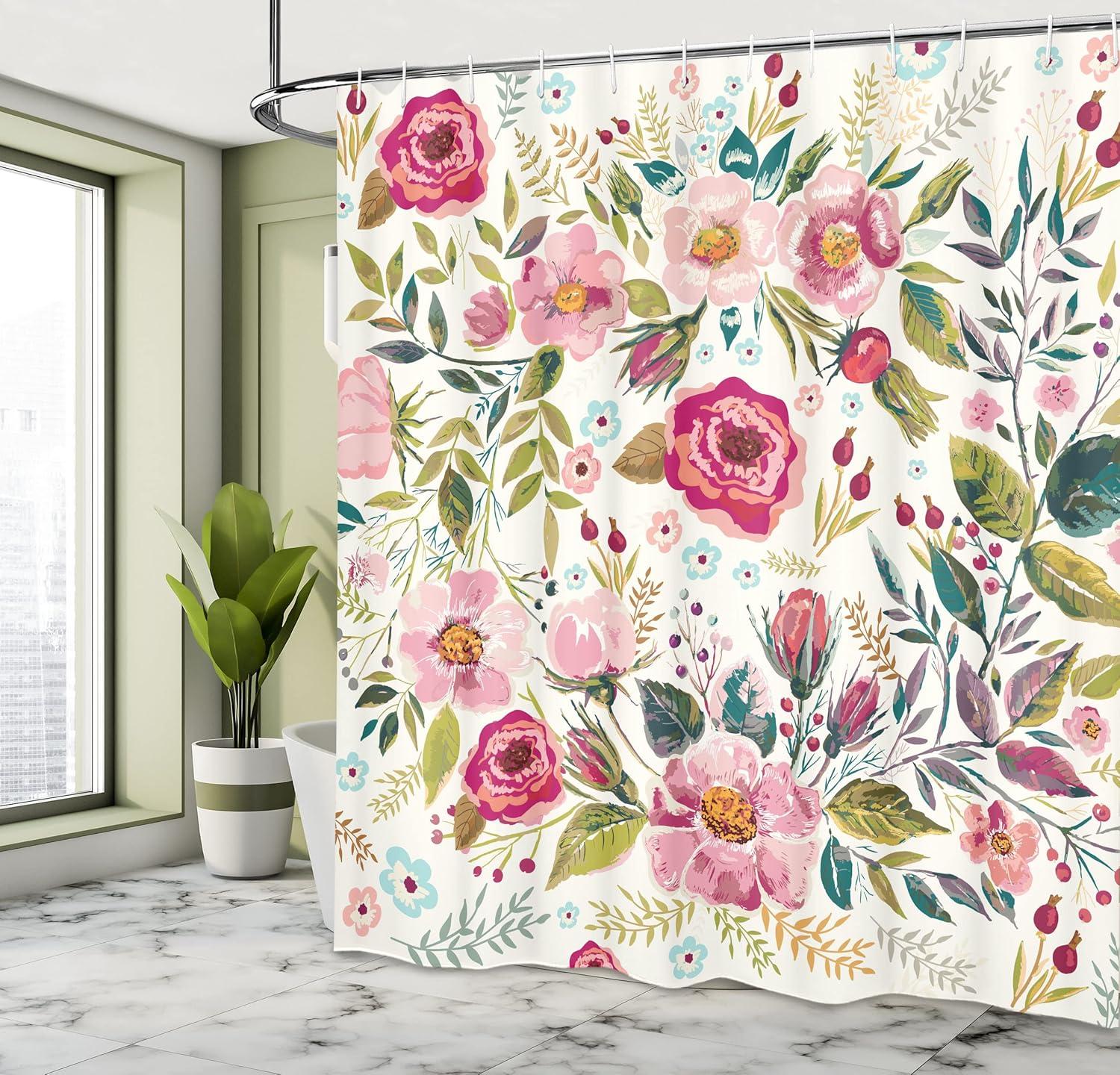 imageAmbesonne Spring Shower Curtain Delicate and Romantic Arrange of Creeper Mesh Flowers Cascade Neutral Theme Cloth Fabric Bathroom Decor Set with Hooks 69 W x 70 L Blush Yellow PinkMagenta