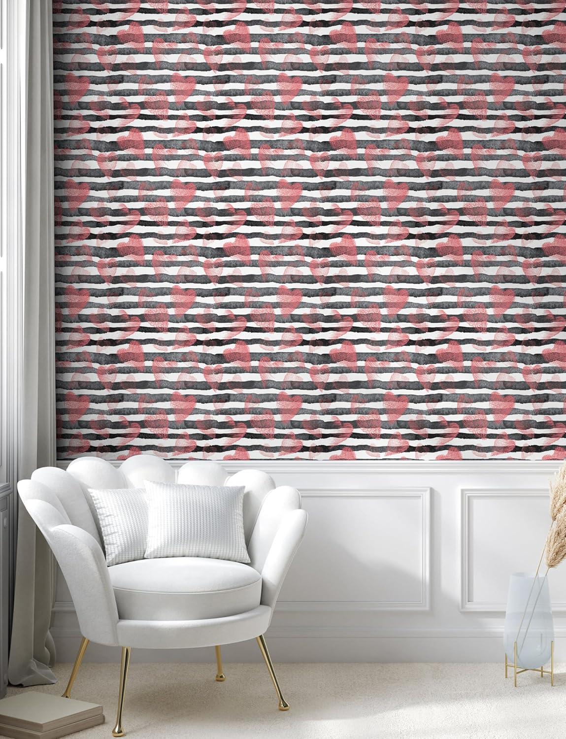 imageAmbesonne Valentines Day Peel amp Stick Wallpaper for Home Simple Grunge Design Line Hearts Pattern on Striped Backdrop SelfAdhesive Living Room Kitchen Accent 13 x 72 Dark Coral Coral Dimgray