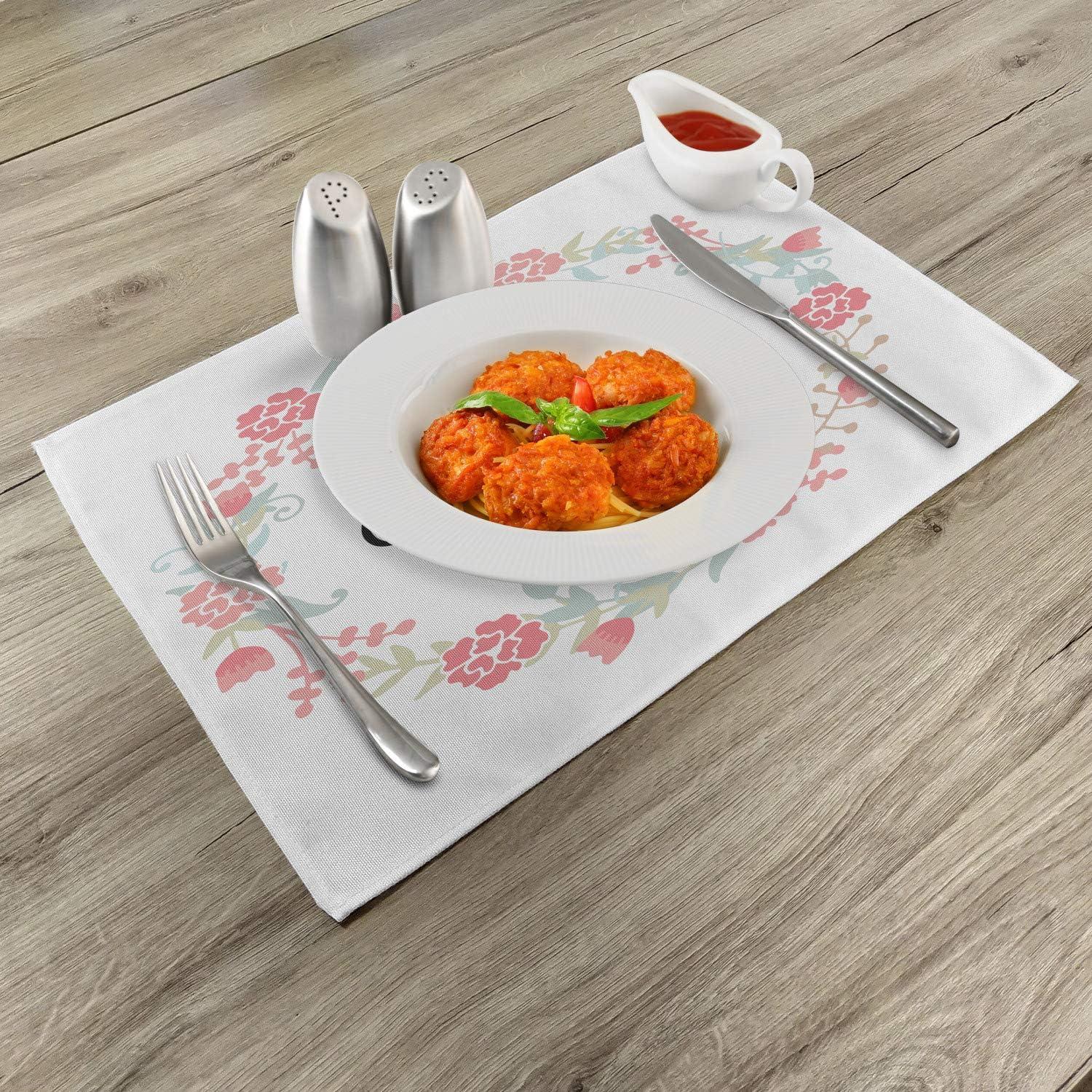 imageAmbesonne Valentines Day Place Mats Set of 4 Floral Flowers Buds Roses Tulips Circled Frame Valentine Hearts Washable Fabric Placemats for Dining Table Standard Size White and Black